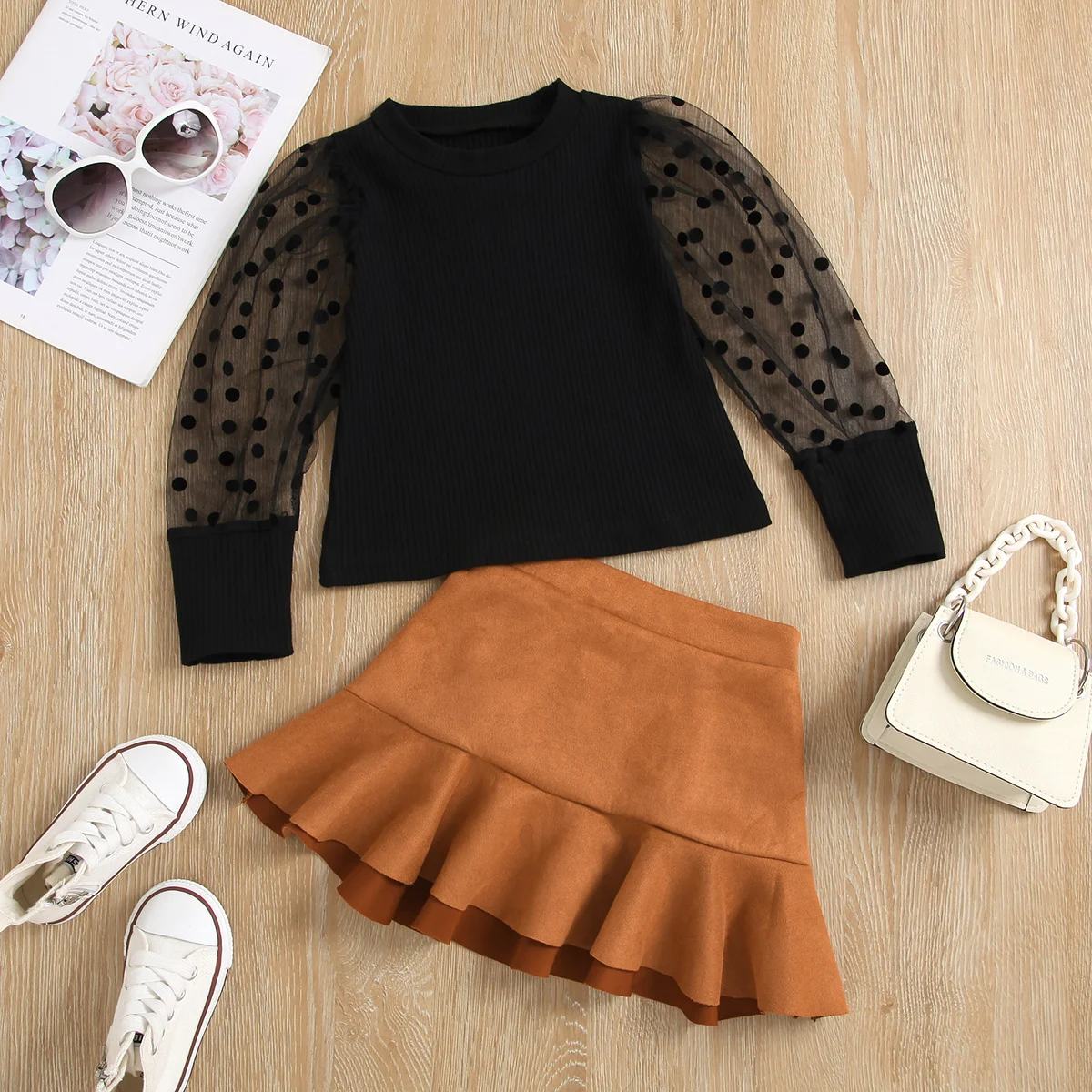 2 шт., детская сетчатая юбка в горошек, с длинным рукавом 
2 шт., детская сетчатая юбка в горошек, с длинным рукавом