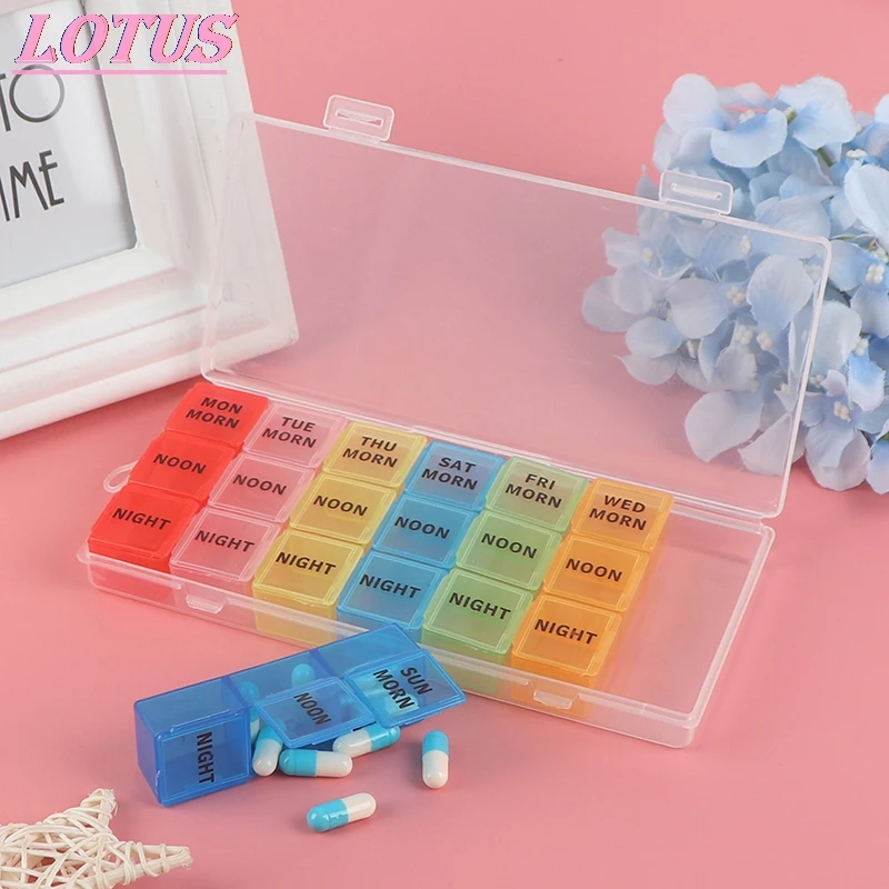 

7 days/geek pill box, medicine storage, tablet computer, pill sorter, monthly case organizer, 3 each in 7 colors, 21 in a box.