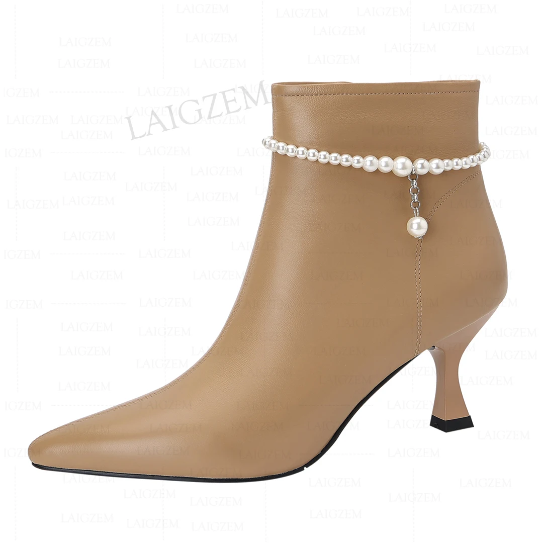LAIGZEM Women Ankle Boots Natural Leather Thin Heels Short Boots Side Zip Pearl Ladies Shoes Woman Zapatos Mujer Big Size 33 43
LAIGZEM Women Ankle Boots Natural Leather Thin Heels Short Boots Side Zip Pearl Ladies Shoes Woman Zapatos Mujer Big Size 33 43