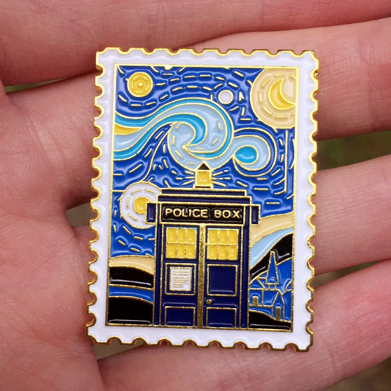 

Tardis Starry Night Van Gogh Stamp Police Box Enamel Brooch Pins Badge Lapel Pin Brooches Collar Jeans Jacket Fashion Jewelry