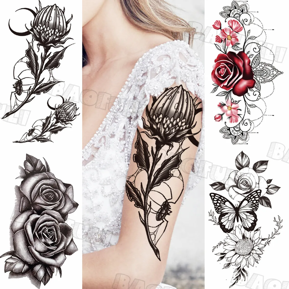 

Временные татуировки с большим черным лотосом для женщин, подвеска в виде Розы, Бабочка, искусственная татуировка, водонепроницаемые татуировки для боди-арта, тату-наклейки