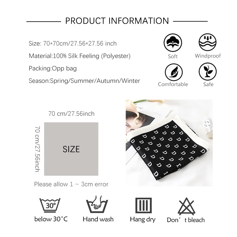 Female Silk Neck Scarf Letter D Print Square Hair Scarves Foulard Head Band Shawls and Wraps Neckerchief Bandana 70*70cm
Female Silk Neck Scarf Letter D Print Square Hair Scarves Foulard Head Band Shawls and Wraps Neckerchief Bandana 70*70cm