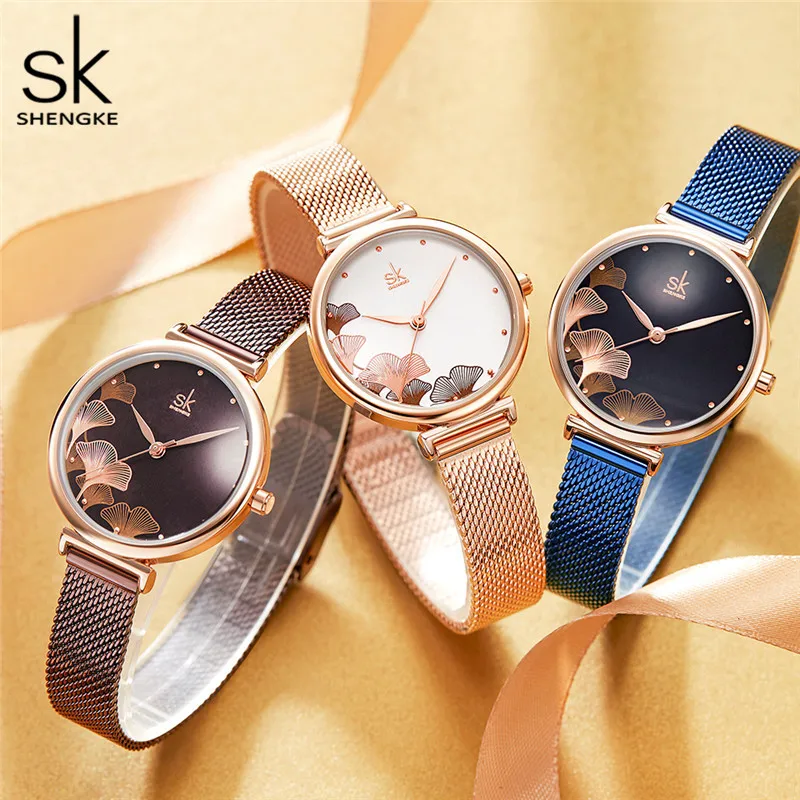 Shengke 2020 new woman watches elegant flower 32 mm coffee dial mesh band Japanese quartz movement luxury Relogio Feminino | Наручные
