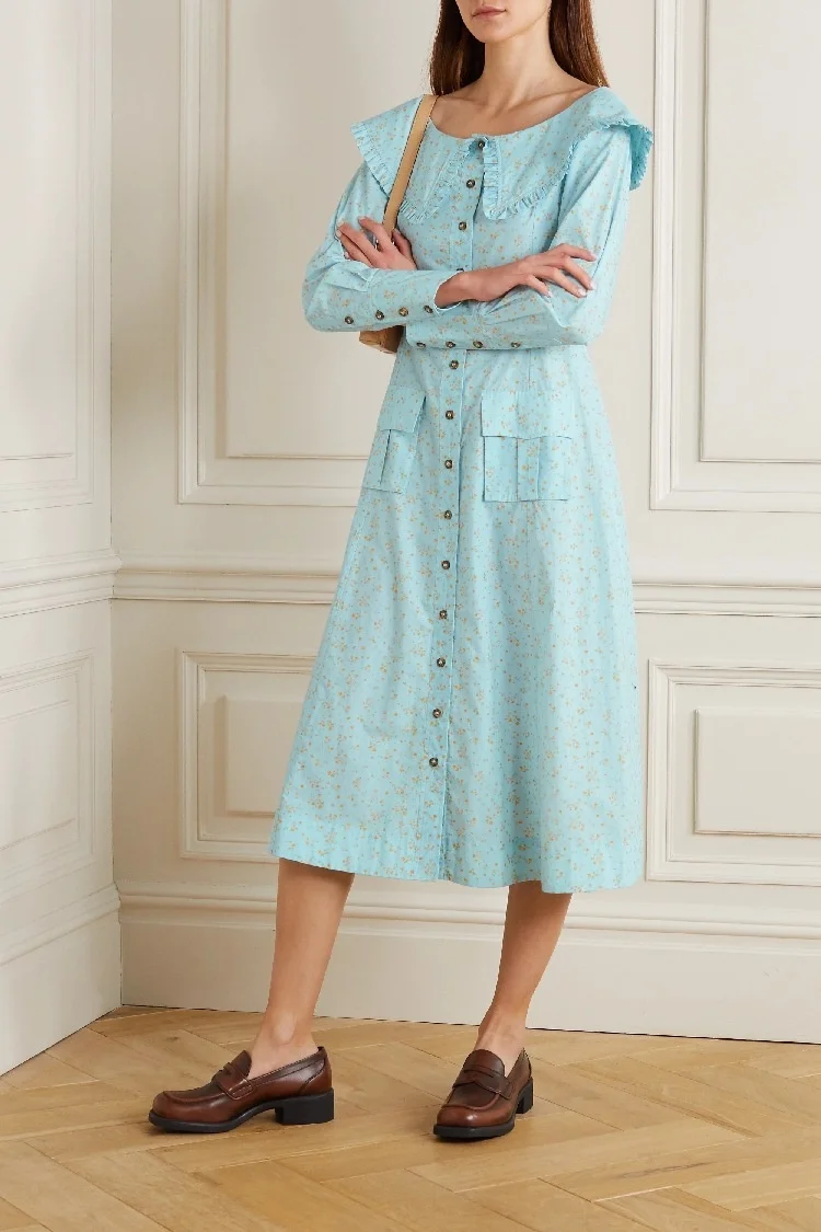 Peter Pan Collar Women Midi Dress Ladies Long Sleeve Floral Print Single-Breasted Blue Dresses Robe
Peter Pan Collar Women Midi Dress Ladies Long Sleeve Floral Print Single-Breasted Blue Dresses Robe