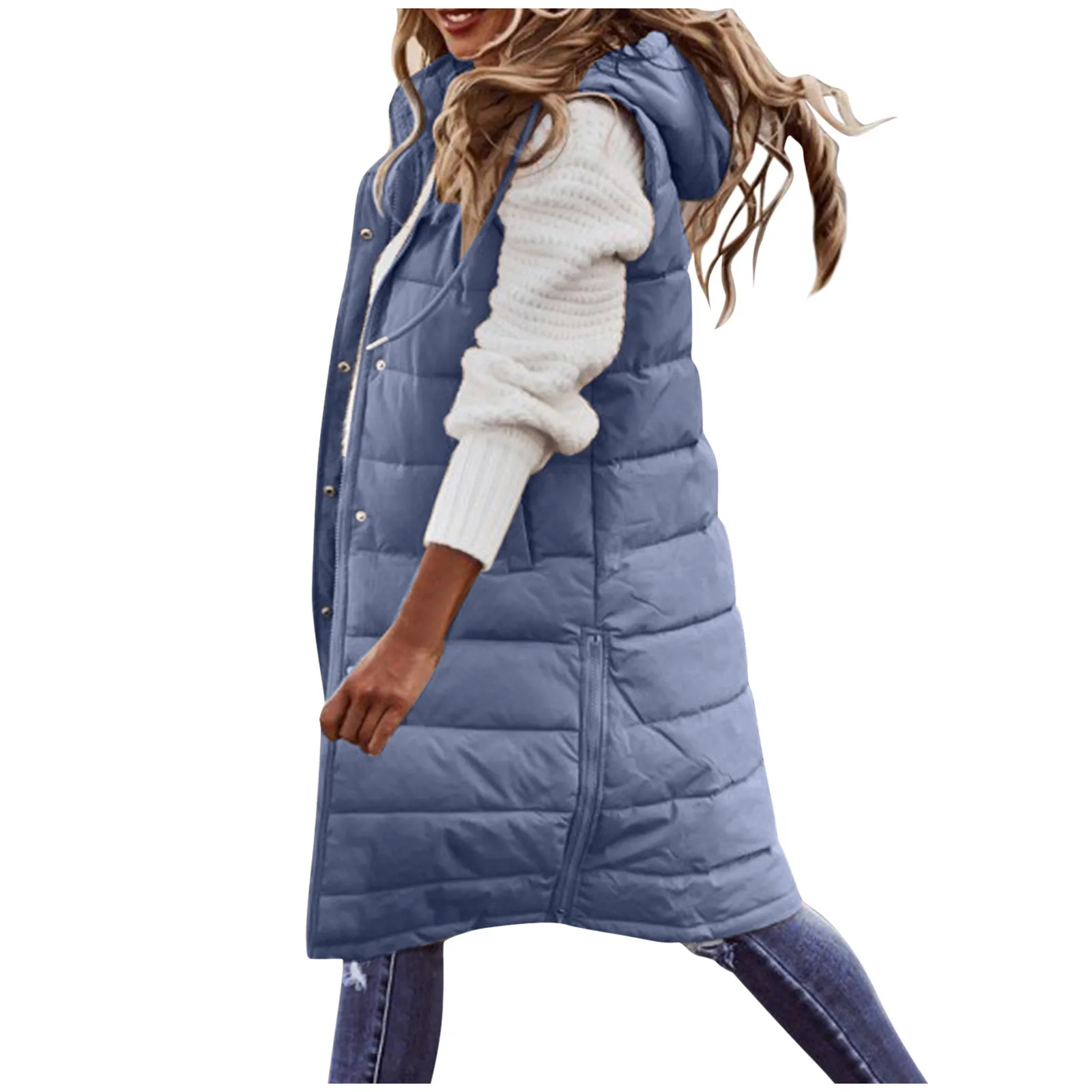 Women's Long Winter Coat Vest With Hood Sleeveless Warm Down Pockets Quilted Jacket Outdoor | Женская одежда