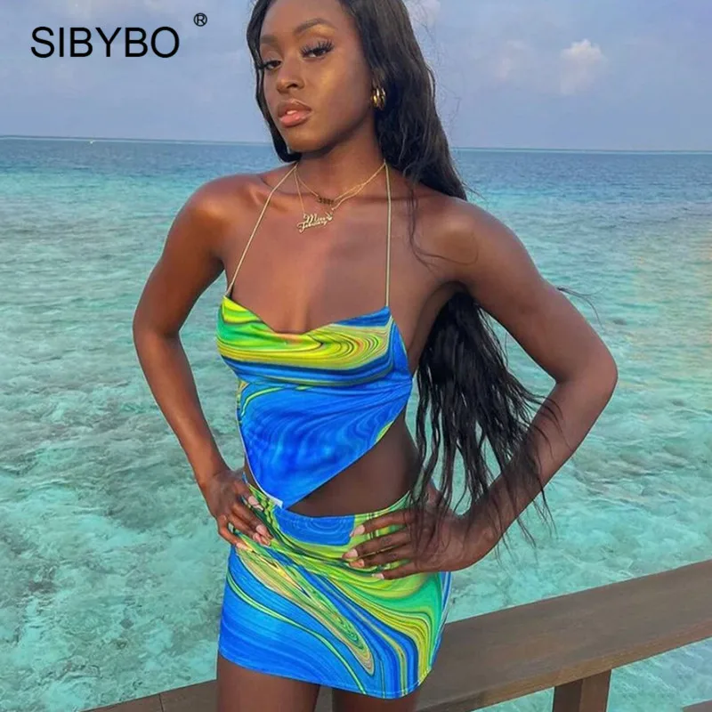 

Женский комплект из двух предметов Sibybo, пикантный пляжный костюм с лямкой на шее, укороченный топ + мини-юбка, 2021
