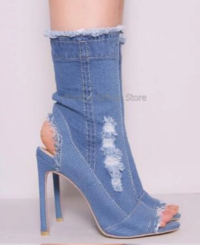 Light Blue White Black Wash Denim Jeans Booties Stiletto Heels Open Toe Retro Style Charming Denim Mid-calf Cut-out Short Boots
Light Blue White Black Wash Denim Jeans Booties Stiletto Heels Open Toe Retro Style Charming Denim Mid-calf Cut-out Short Boots