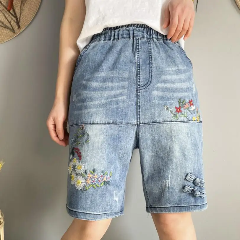 Vintage Women Summer Elastic Waist Floral Embroidery Denim Shorts Office Lady Casual Loose Jean Short Spodenki Damskie p157
Vintage Women Summer Elastic Waist Floral Embroidery Denim Shorts Office Lady Casual Loose Jean Short Spodenki Damskie p157