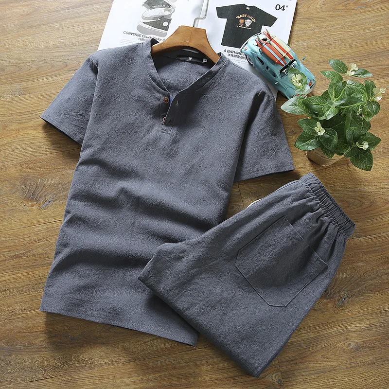 Linen Short-sleeved T-shirt + Shorts 2Pcs Men Cotton Linen Causal Suit For Male Summer Spring Autumn 
Linen Short-sleeved T-shirt + Shorts 2Pcs Men Cotton Linen Causal Suit For Male Summer Spring Autumn