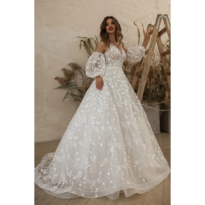 White Elegant Prom Dresses Puff Long Sleeves V-Neck Lace Appliques Long A-Line Women Formal Evening Party Gowns Plus Size Custom
White Elegant Prom Dresses Puff Long Sleeves V-Neck Lace Appliques Long A-Line Women Formal Evening Party Gowns Plus Size Custom