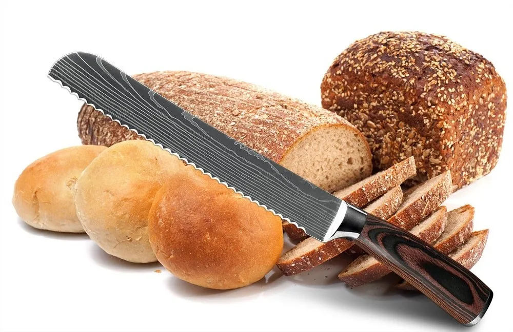 Kitchen Bread Knife Serrated Design Laser Damascus Stainless Steel Blade 8 inch Chef Knives Bread Cheese Cake Tool
Kitchen Bread Knife Serrated Design Laser Damascus Stainless Steel Blade 8 inch Chef Knives Bread Cheese Cake Tool