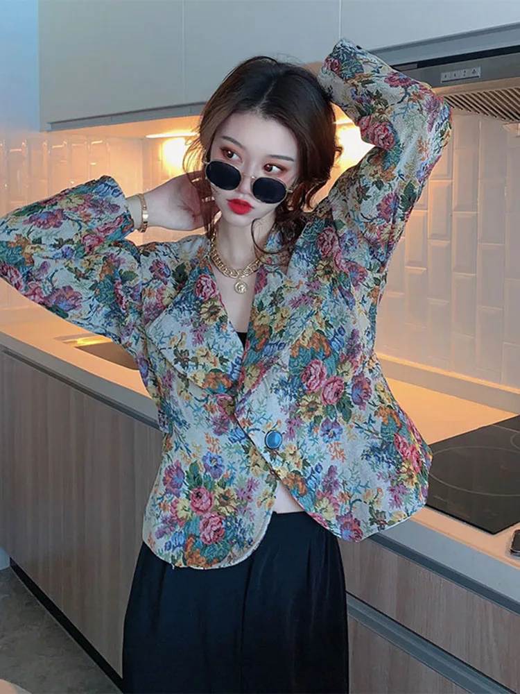 2021 new retro flower suit jacket, small man, street style, all-match waist long-sleeved top, female autumn
2021 new retro flower suit jacket, small man, street style, all-match waist long-sleeved top, female autumn