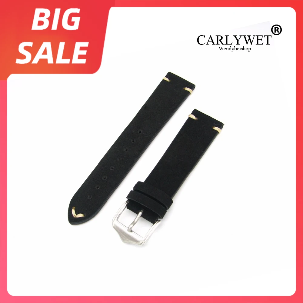 

CARLYWET 20 22 24mm tOP Quality Luxury Real Calf Suede Leather Handmade Stitch Black Watch Band For Rolex Omega Tag Heuer Tudor