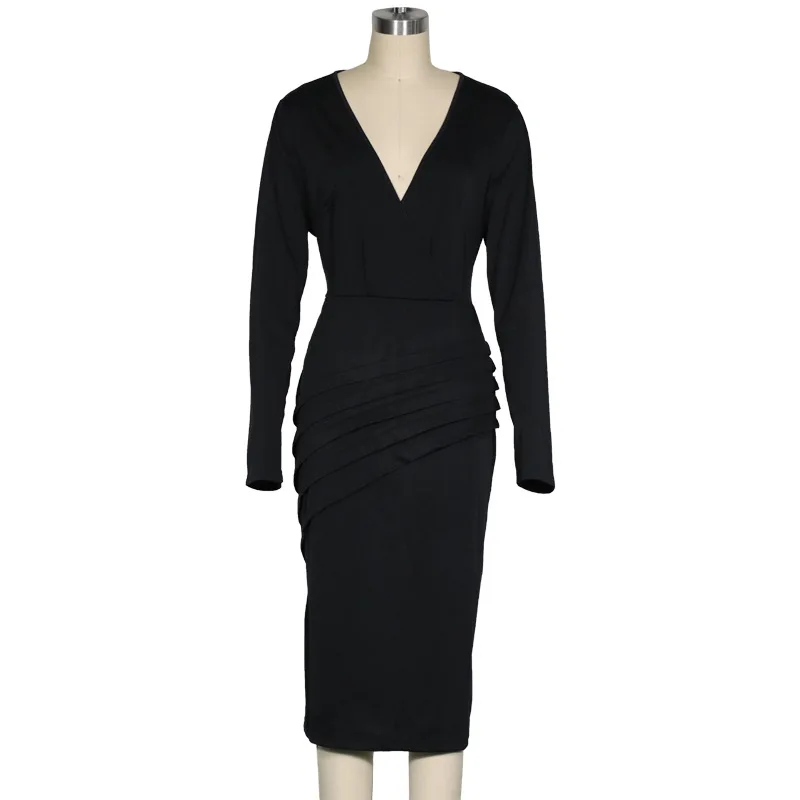 Autumn Women Elegant Vestidos Long Sleeve Sheath bodycon Dresses V neck Mid-Length Office Lady Casual Pencil Dress mujer de moda
