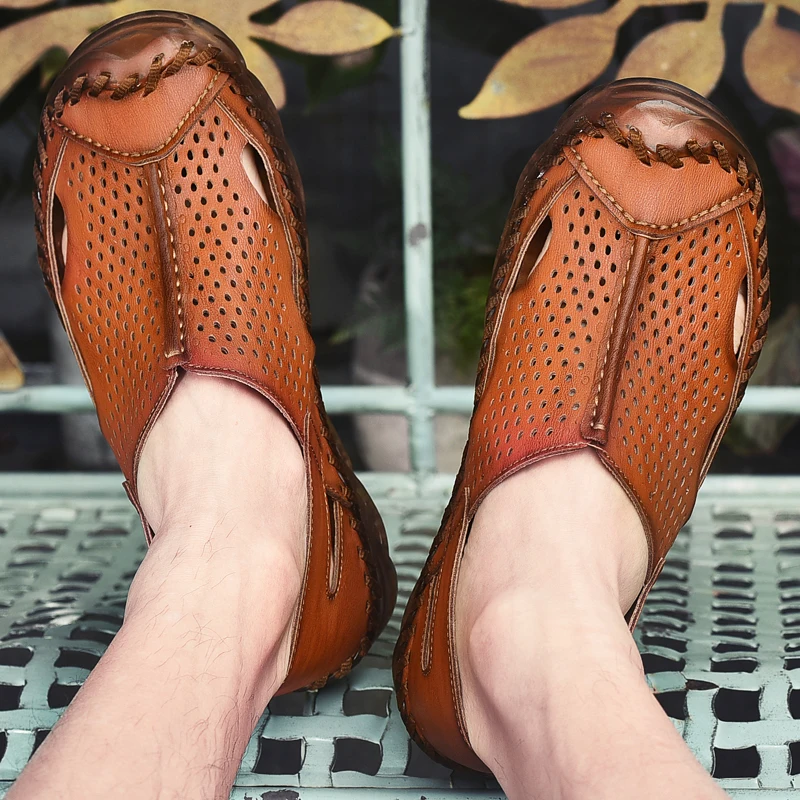 Сандалии мужские прогулочные натуральная кожа перфорированные римские сандалии
