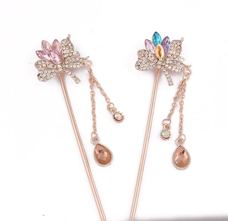 Korea Style Crystal Rhinestone Flower Hair Stick Teardrop Metal Chain Tassel Accessory Women Fashion Jewelry | Украшения и