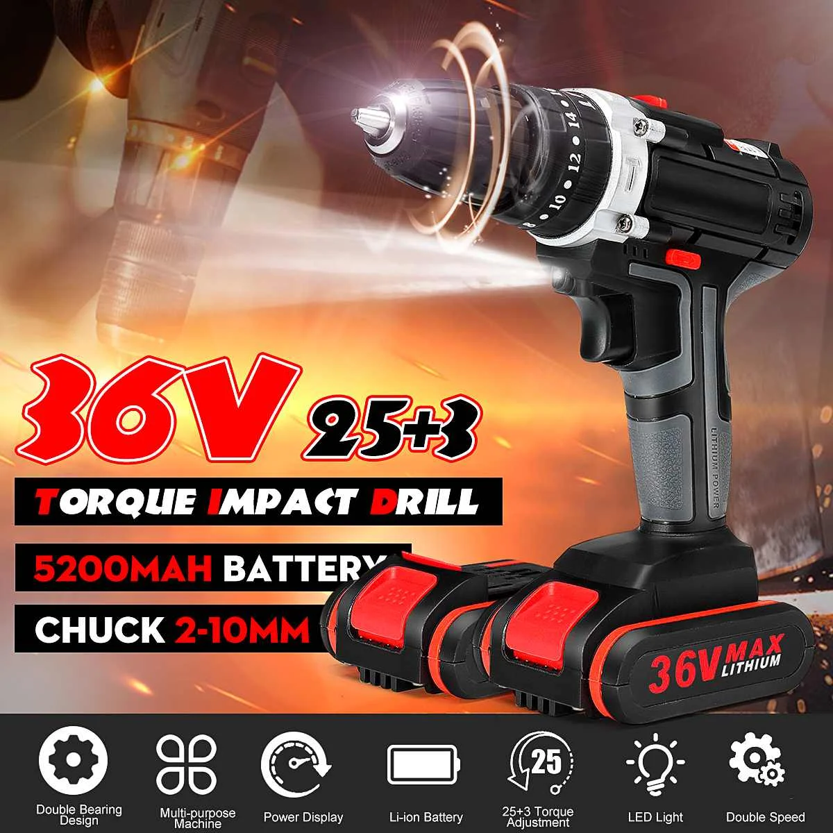 Drillpro 36V Cordless Drill Mini Electric Screwdriver 25+3Torque With LED Working Light Power Tools+ 1/2 pcs Lithium-Ion Battery
Drillpro 36V Cordless Drill Mini Electric Screwdriver 25+3Torque With LED Working Light Power Tools+ 1/2 pcs Lithium-Ion Battery
