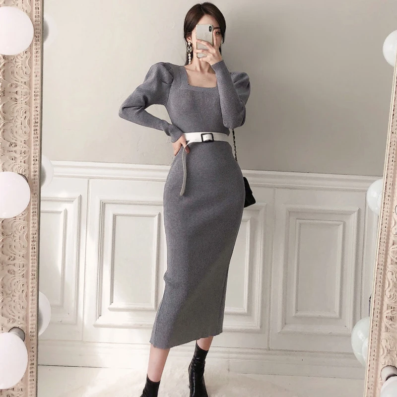 Winter Knitted Dress For Women Long Sleeve Sashes Sexy Split Package Hip Square Neck Slim Sweater Dresses For Female With Belt
Winter Knitted Dress For Women Long Sleeve Sashes Sexy Split Package Hip Square Neck Slim Sweater Dresses For Female With Belt