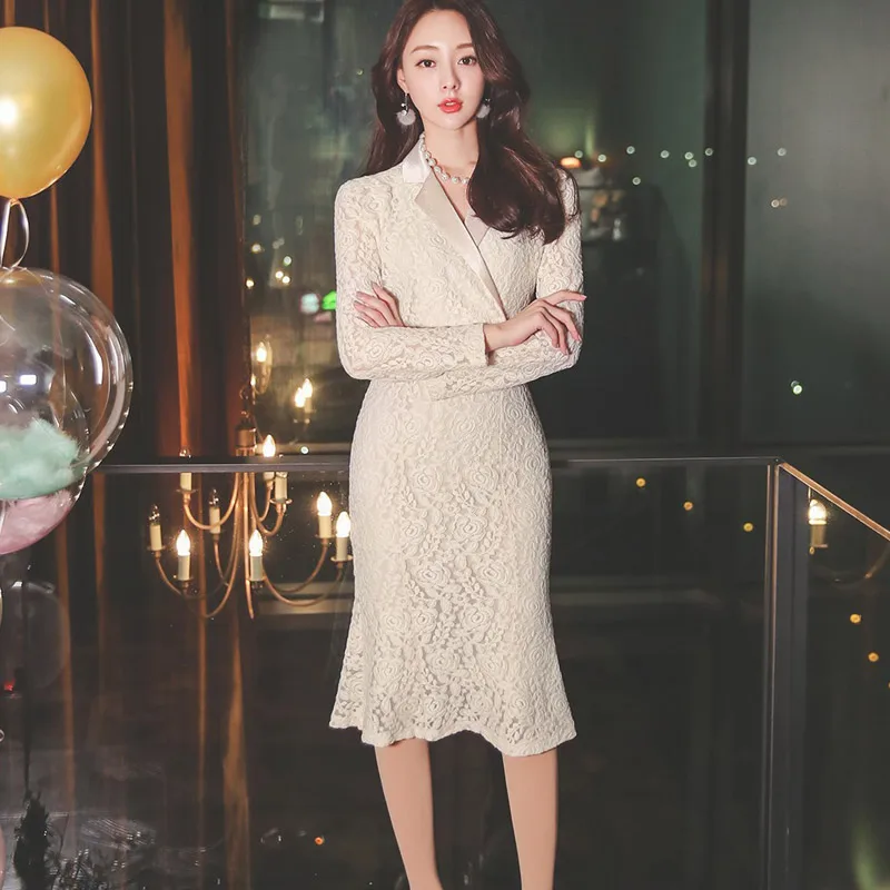 Spring Fall Korean High Waist Long Sleeve Lace Dresses Notched Slim Midi Lace Party Dress Package Hip Elegant Women Dress TA7822
Spring Fall Korean High Waist Long Sleeve Lace Dresses Notched Slim Midi Lace Party Dress Package Hip Elegant Women Dress TA7822