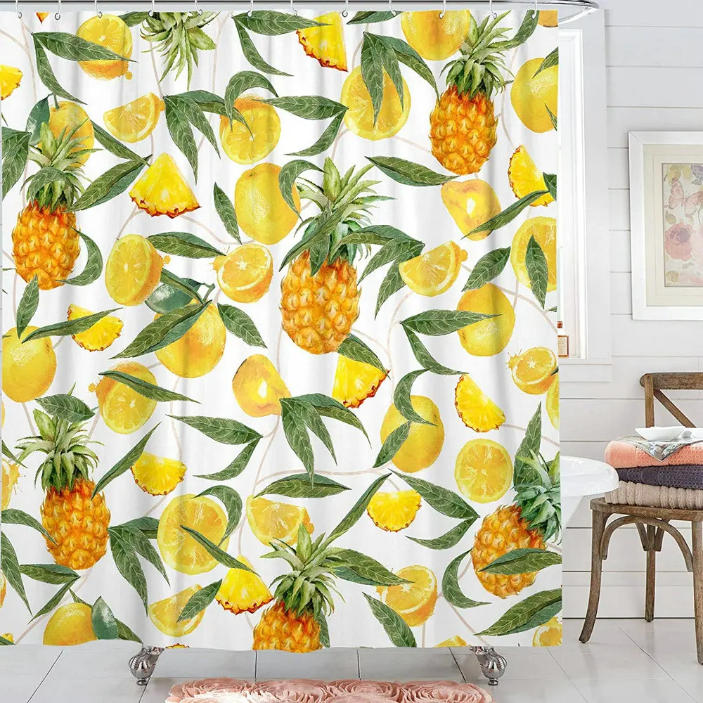 

Tropical Fruit Shower Curtain Orange Pineapple Plant Leaf Bohemia Exotic Summer Bathroom Accessories With Hook Waterproof Screen