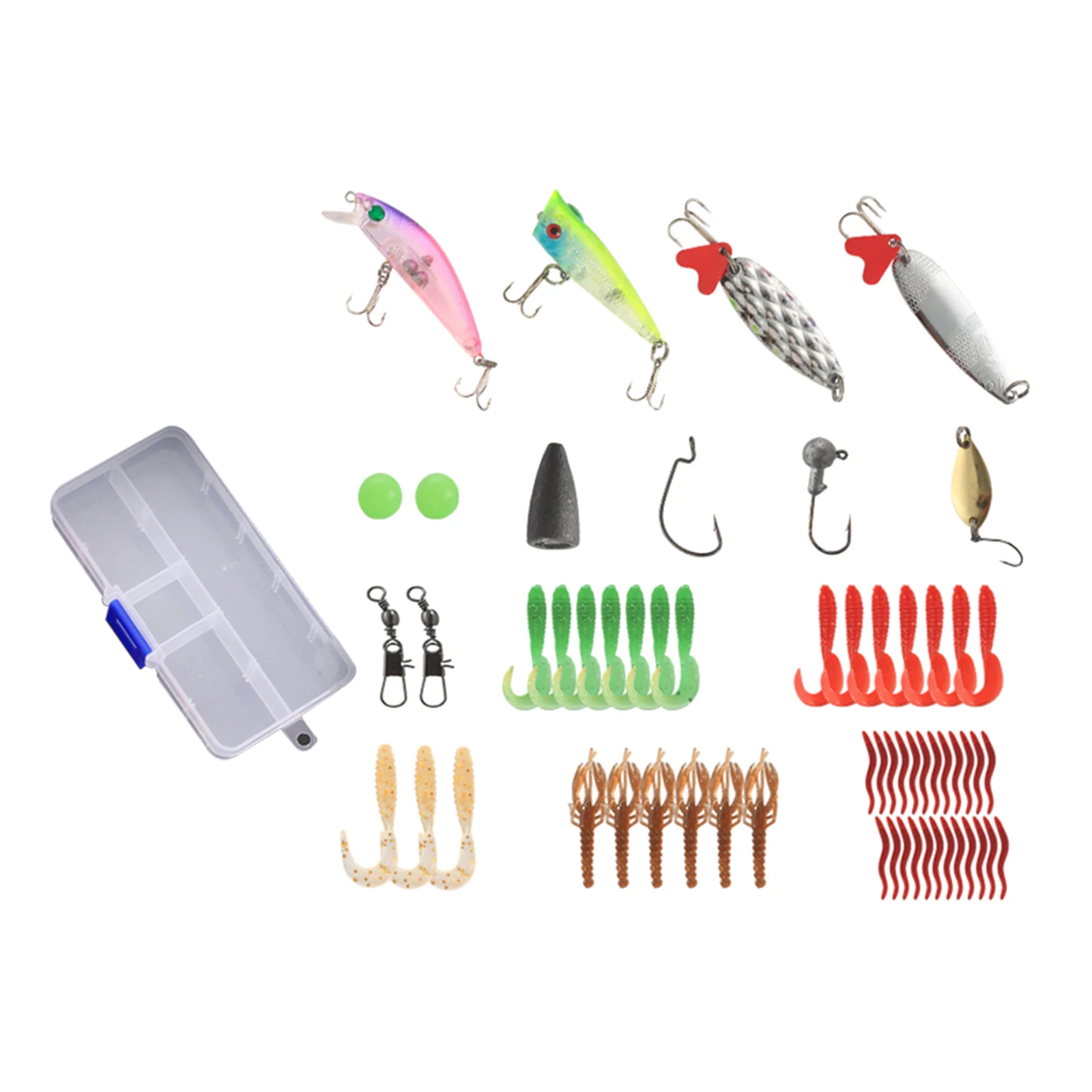 59 смешанные рыболовные приманки, включая крючки, кренкбейты, приманки, пластиковые черви и ящик для снастей 
59 смешанные рыболовные приманки, включая крючки, кренкбейты, приманки, пластиковые черви и ящик для снастей