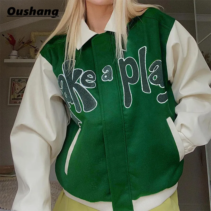Autumn Winter Baseball Jacket Women 2021 Green Patchwork Fashion Letter Print Y2k Street Casual Oversized Coat Varsity Bomber
Autumn Winter Baseball Jacket Women 2021 Green Patchwork Fashion Letter Print Y2k Street Casual Oversized Coat Varsity Bomber