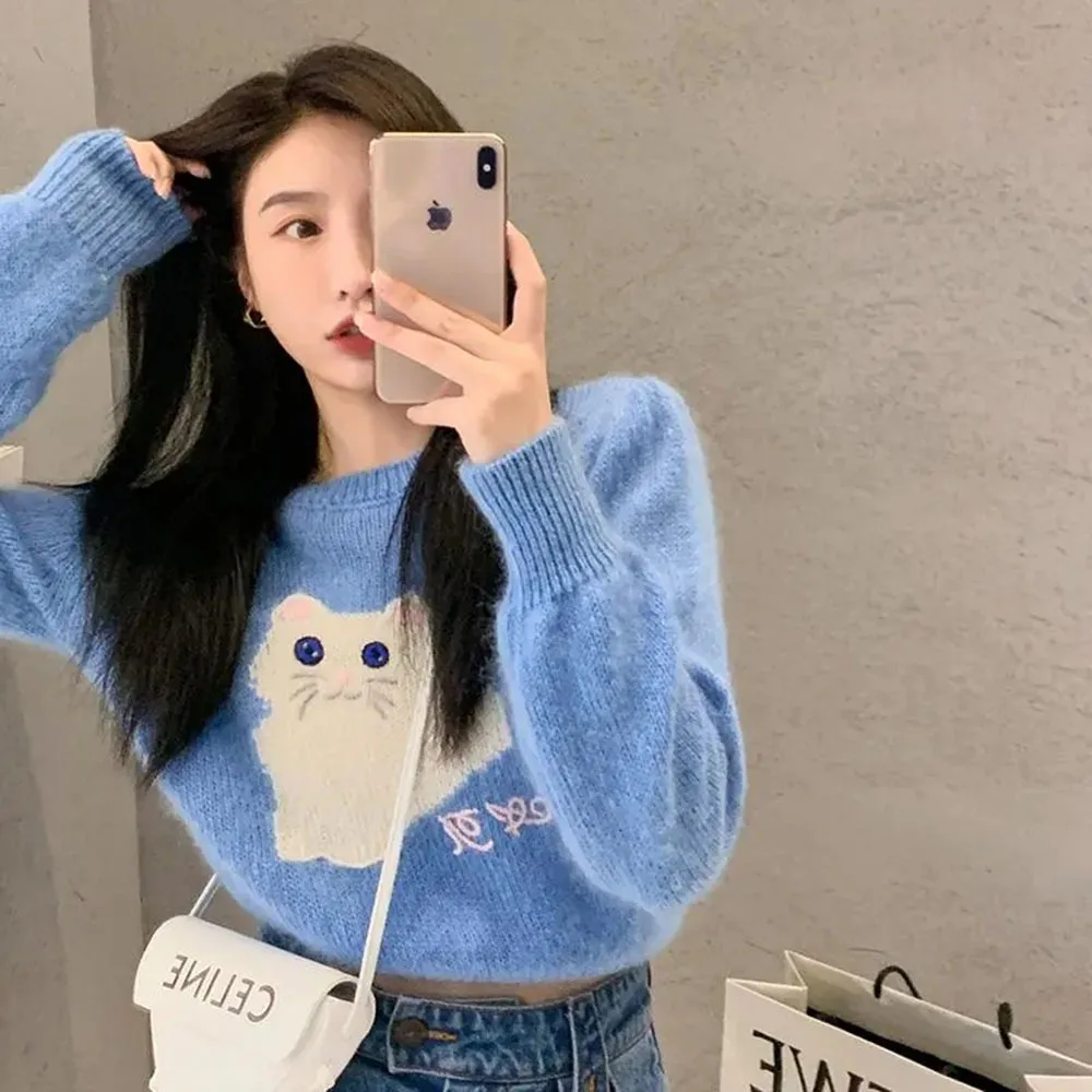 2021 Winter New O-neck Women's Pullover Sweater Autumn Korean Version Short Casual Knitted Sweater Japanese Kawaii Cat Print Top
2021 Winter New O-neck Women's Pullover Sweater Autumn Korean Version Short Casual Knitted Sweater Japanese Kawaii Cat Print Top