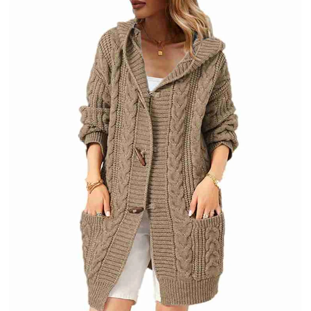 Elegant Women Knit Hooded Long Sweater Loose Lady Single Breasted Cardigan Pockets Female Jacquard Mid-Long Sleeve Button Coats
Elegant Women Knit Hooded Long Sweater Loose Lady Single Breasted Cardigan Pockets Female Jacquard Mid-Long Sleeve Button Coats