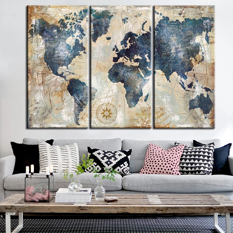 

3Panels World Map Wall Art Canvas Modular Painting Posters and Prints on Canvas Cuadros Wall Art Picture for Living Room Decor