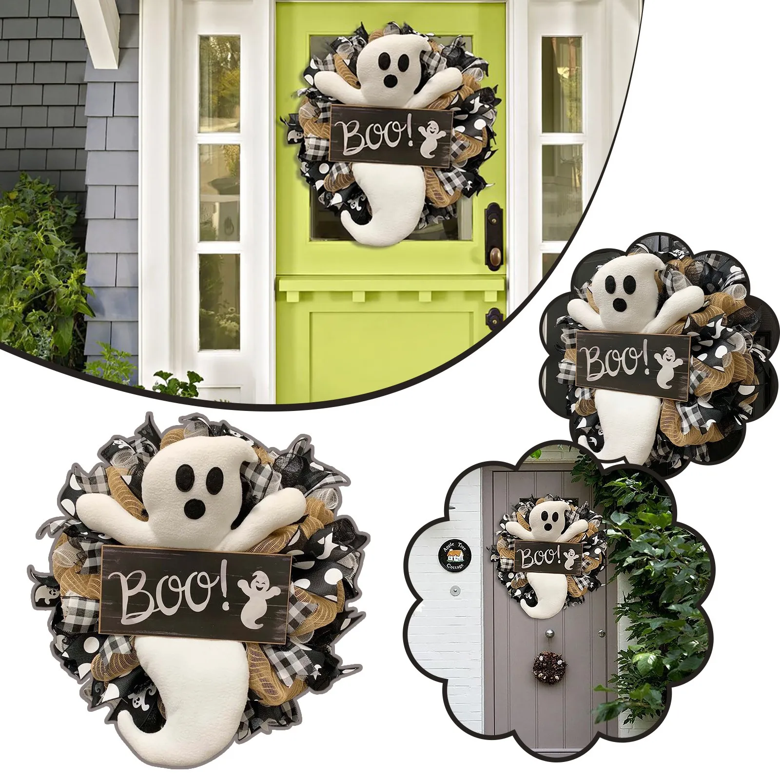 

Halloween Wreath BOO! Farmhouse-Ghost Wreath Outdoor Front Door Indoor Wall Decor Honeycomb Ghost Smiley Balloon For Halloween