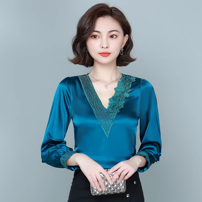Spring Autumn Flower Lace Shirt Women Blouse Fashion Long Sleeve V-neck Satin Shirt Women Tops Elegant Office Ladies Work Shirt
Spring Autumn Flower Lace Shirt Women Blouse Fashion Long Sleeve V-neck Satin Shirt Women Tops Elegant Office Ladies Work Shirt