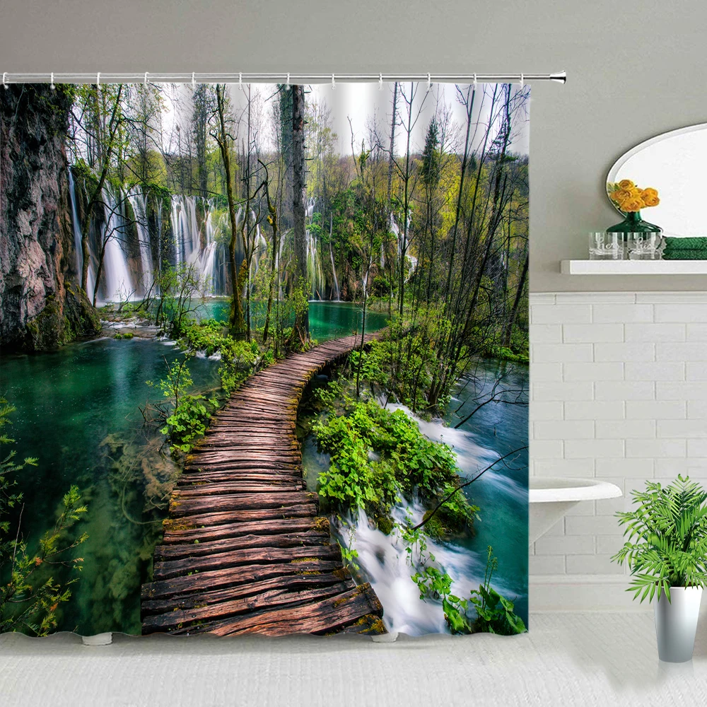 

Wooden Bridge Landscape Shower Curtains Forest Trees Waterfall Natural Scenery Home Bathroom Curtain Waterproof Fabric With Hook