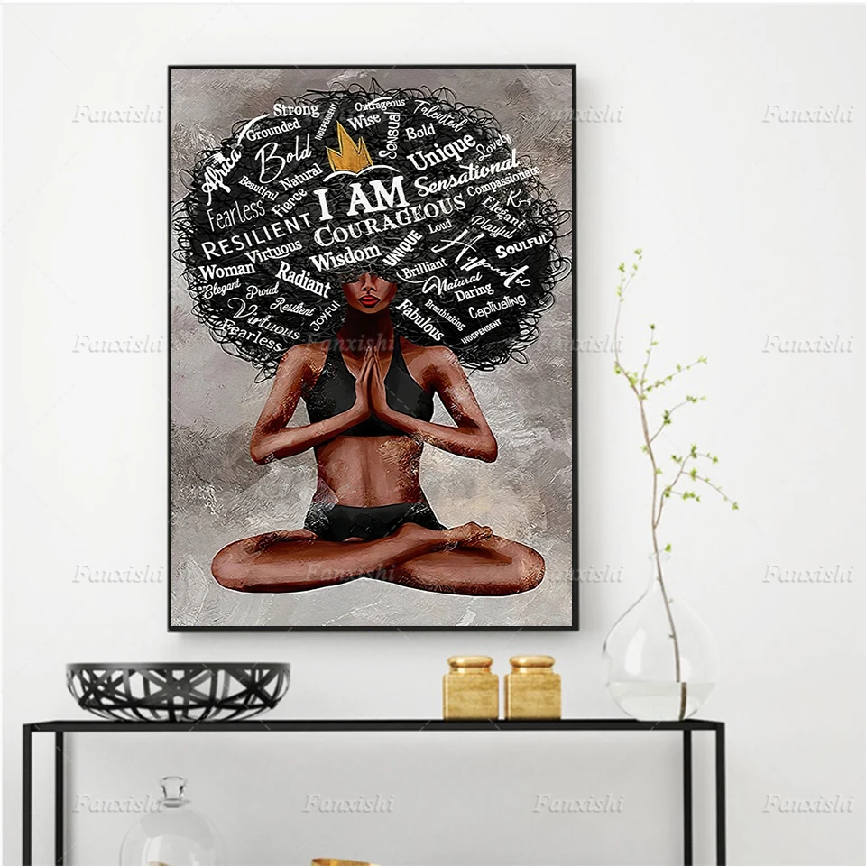 

Yoga Black Girl I Am A Queen Painting Posters and Prints Wall Art Vintage Canvas Modular Picture for Living Room Home Decor Gift