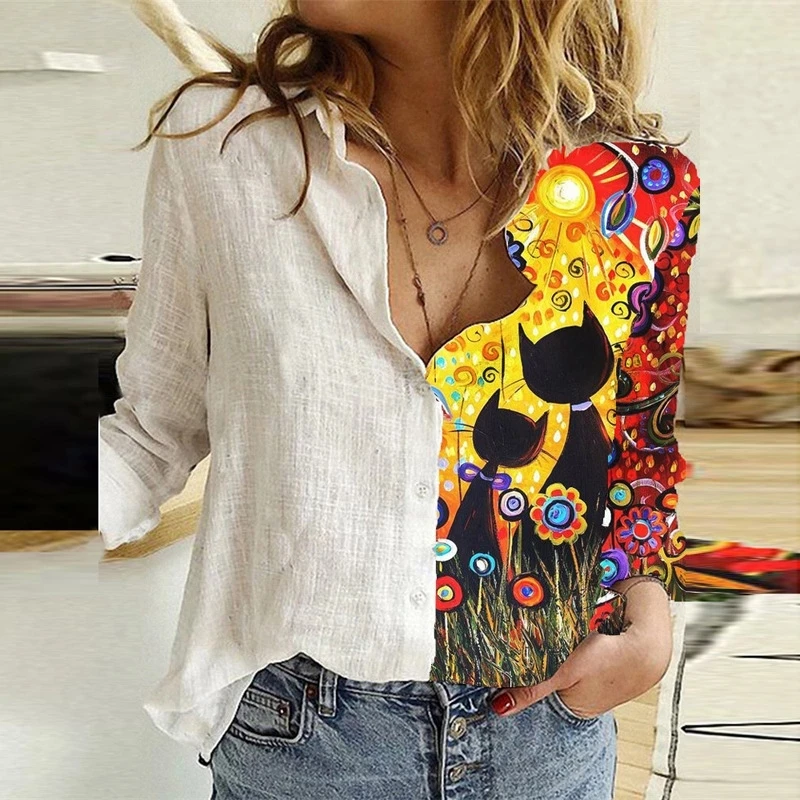 Женская льняная блузка с длинным рукавом Повседневная рубашка отложным