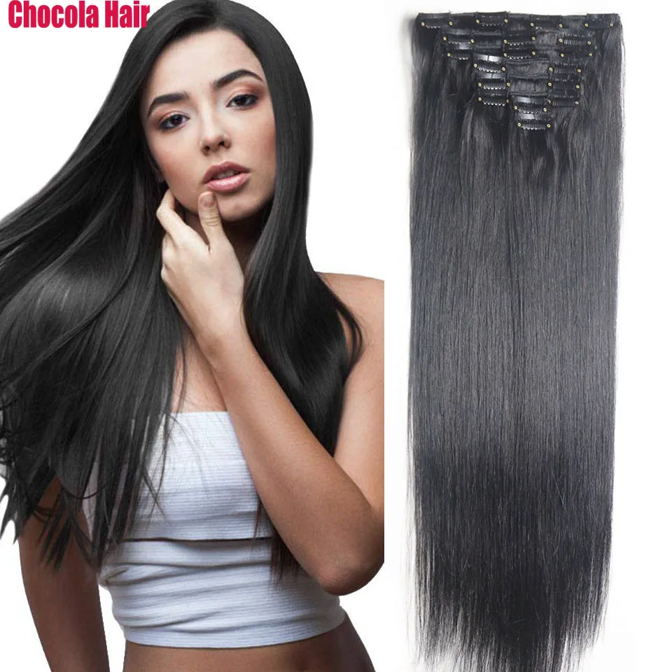 

Chocola 16"-28" 8pcs Set 160g Brazilian Machine Made Remy Hair Clips In Human Hair Extensions Natural Straight Full Head