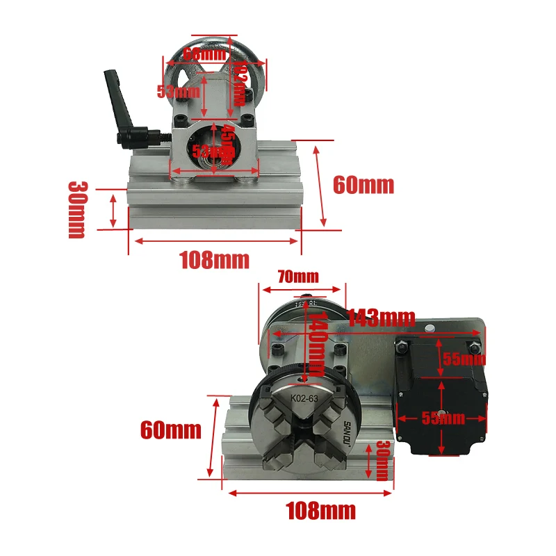 4th Axis Center height 51mm Rotary axis A 4 axis with 65MM cast iron 4 jaw chuck 57 stepper for mini cnc router machine
4th Axis Center height 51mm Rotary axis A 4 axis with 65MM cast iron 4 jaw chuck 57 stepper for mini cnc router machine