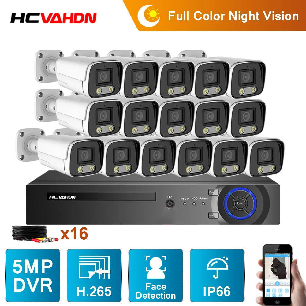 

HCVAHDN H.265+ 16CH 5.0MP Video Surveillance DVR Kit CCTV Security Camera System 8/16Pcs 5MP AHD Bullet Camera 4TB HDD Optional