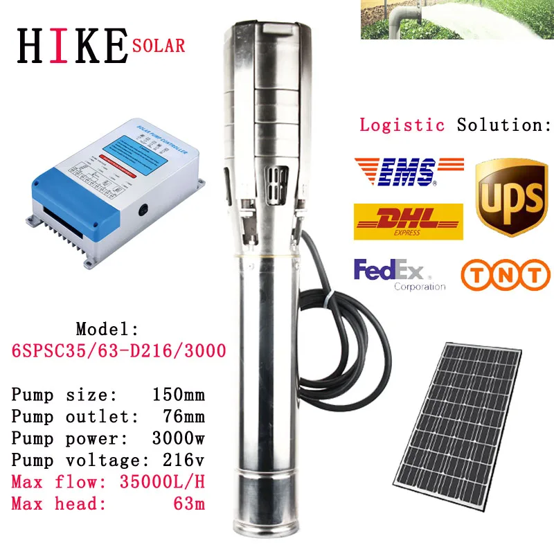 

Hike solar equipment 6" solar water 4HP DC Brushless 216V water pump Max flow 45000 Litre solar pump Model: 6SPSC35/63-D216/3000