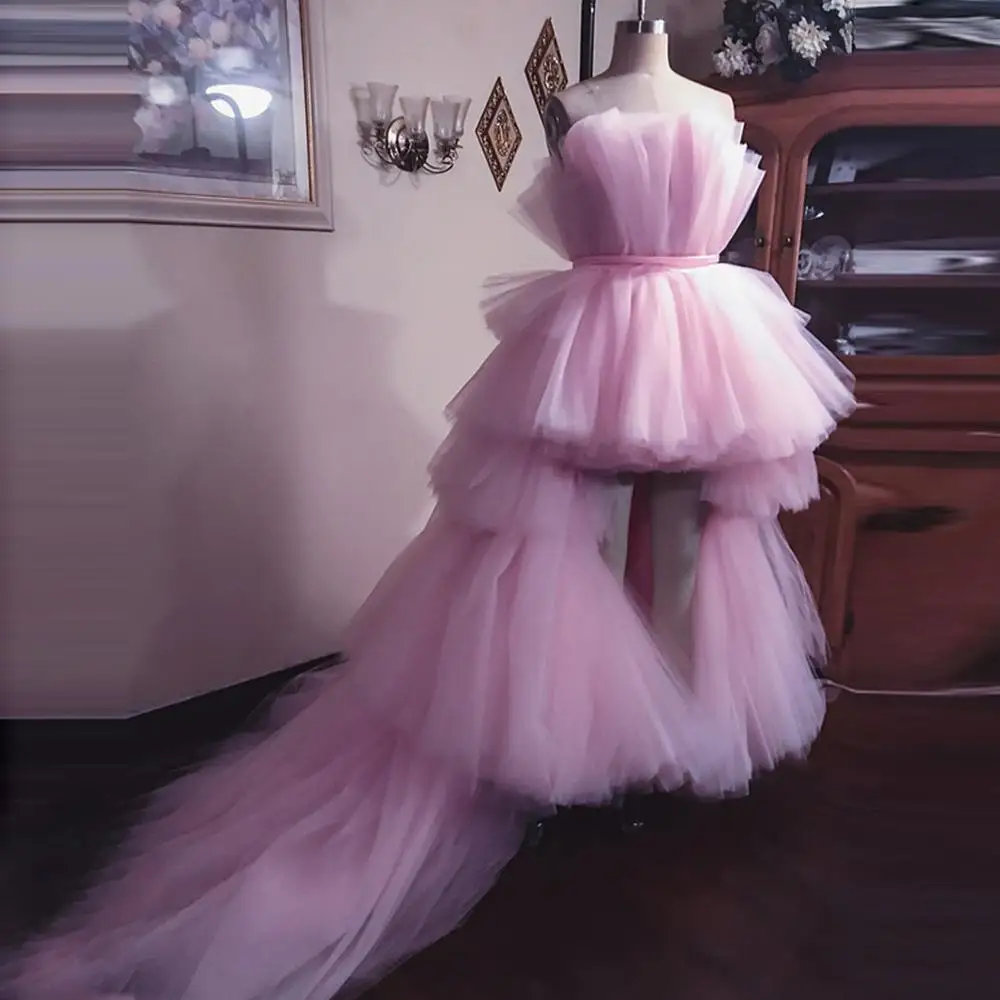 

Real Image 2021 Pink Ruffles High Low Tulle Dresses Tiered Puffy Tutu Long Prom Gowns Pretty Formal Dress Blue Abendkleider