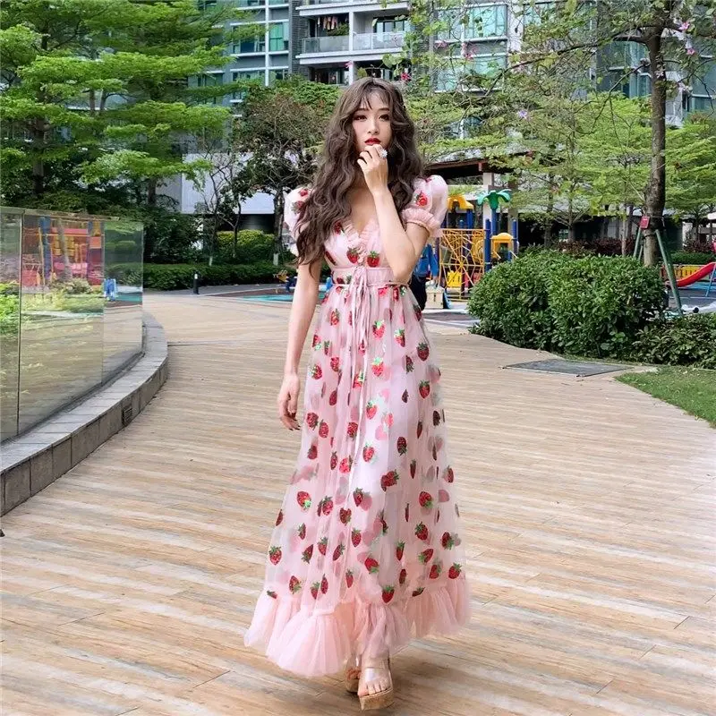 Strawberry dress Sequined Embroidery Cascading Ruffle Maxi Dress Women summer V-neck Puff Sleeve Bow Pink Tulle Mesh Long Dress
Strawberry dress Sequined Embroidery Cascading Ruffle Maxi Dress Women summer V-neck Puff Sleeve Bow Pink Tulle Mesh Long Dress