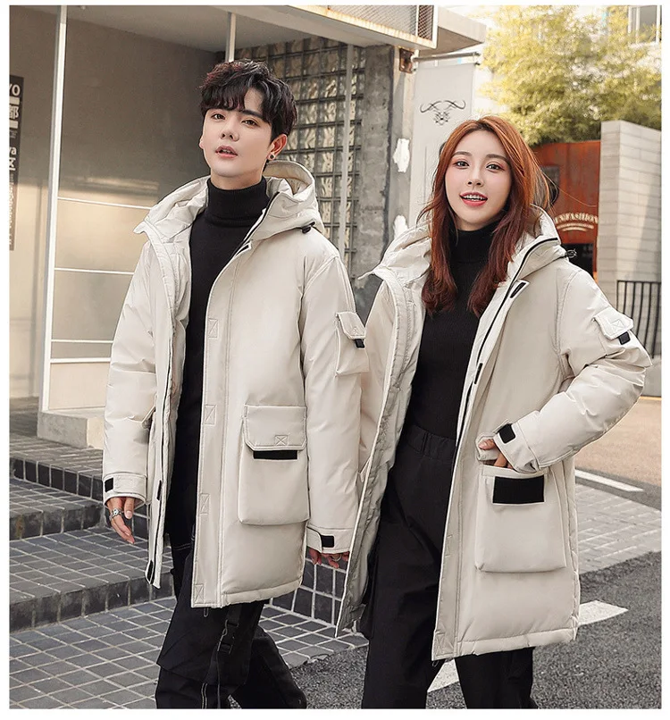 

Casual Menswear 2021 Winter Hooded Down Jacket Mid-length Polyester Fitted White Duck Down Warm Coat Men's Fashion Clothing