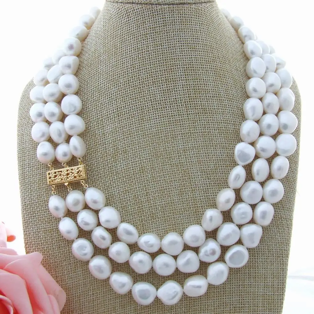 

3 Strands AA grade 13-14mm Freshwater Cultured White Baroque Pearl Necklace 19"