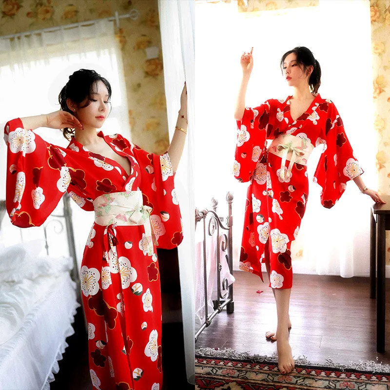 

Printed uniform tempting Japanese style flower girl deep V long feather kimono japanese pajamas women harajuku japanese