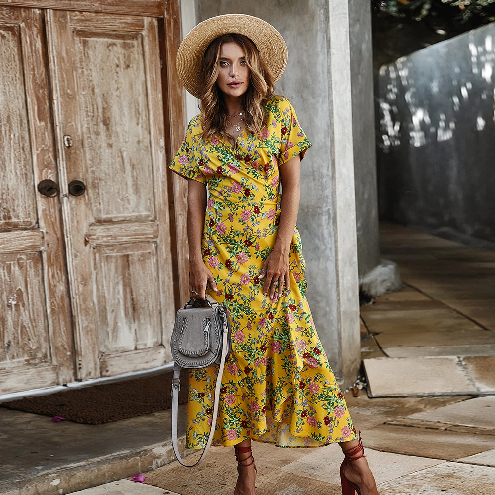 Elegant Ladies V Neck Short Sleeve Floral Print Dress Women 2021 New Fashion Spring Summer High Wasit Long Holiday Style Dress
Elegant Ladies V Neck Short Sleeve Floral Print Dress Women 2021 New Fashion Spring Summer High Wasit Long Holiday Style Dress