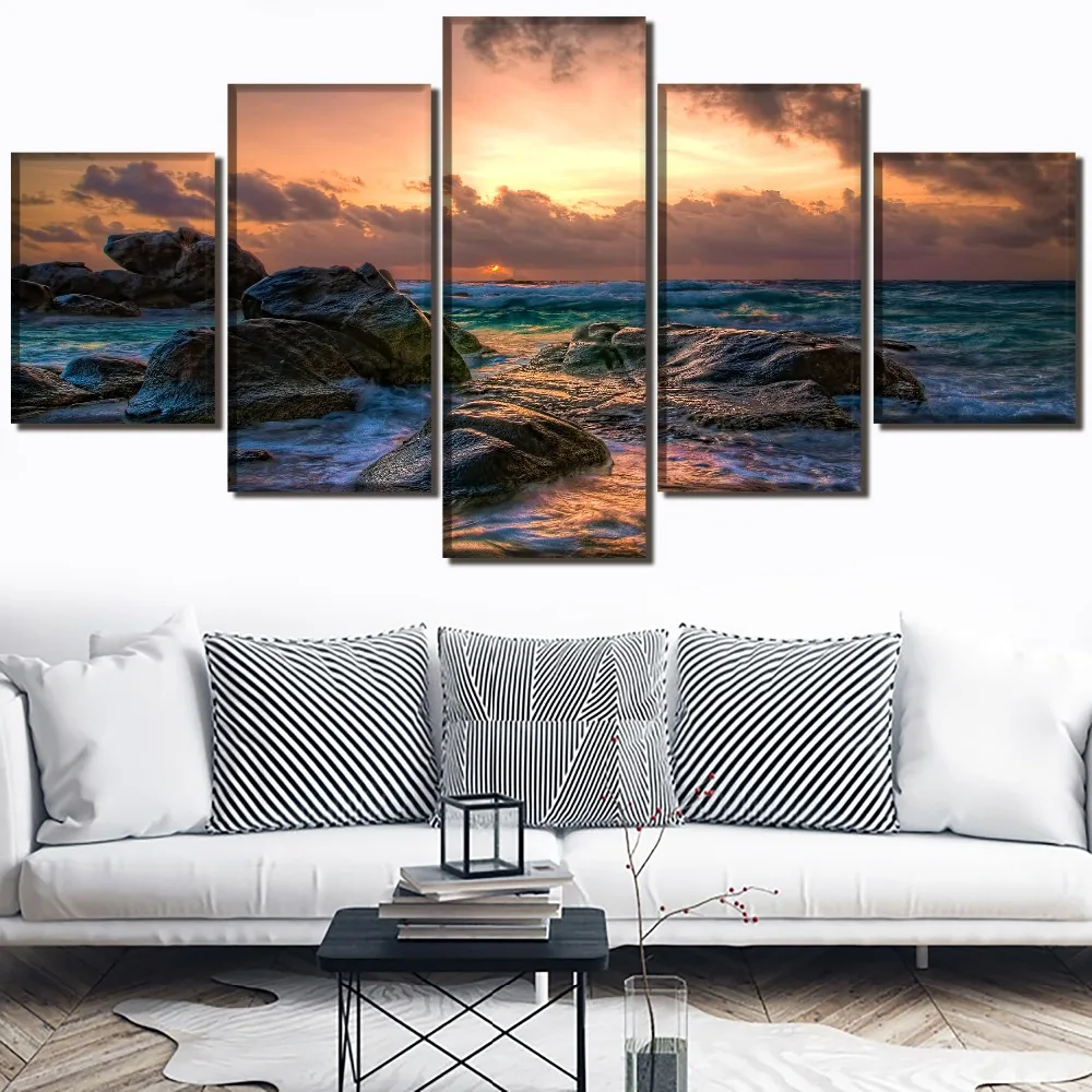 Wall Art Canvas HD Prints Modular Pictures 5 Pieces Horizon Ocean Rock Sky Sunset Wave Landscape Paintings Decor Artwork Frame | Дом и сад