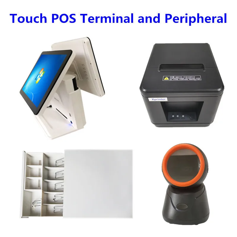 

POS System Dural 15" Screen One Touch Panel Cash Register, 80mm Thermal Printer, Cash Drawer, 1D Barcode Scanner for Retail Shop