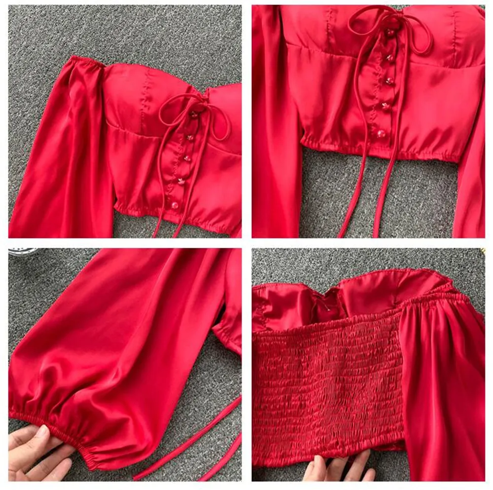 Women Satin Blouses Sexy Tube Crop Top Puff Sleeve Red Shirts Summer Fashion Female Shirt Woman Tops Autumn Femme Clothing 2021
Women Satin Blouses Sexy Tube Crop Top Puff Sleeve Red Shirts Summer Fashion Female Shirt Woman Tops Autumn Femme Clothing 2021