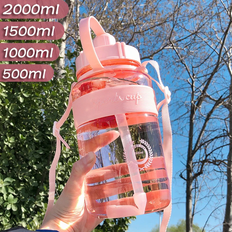 

Sports Water Bottle 2 Liter Portable Large-Capacity Time Marker Leak-Proof Frosted Cups Outdoors Sports Straw Drinking Bottles