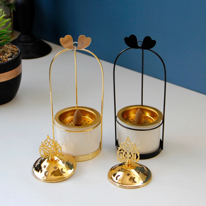 

Ceramics Incense Holder With Metal Lid Creative Hanging Basket Arabic Incense Burner Modern Home Decoration Middle East Bakhoor