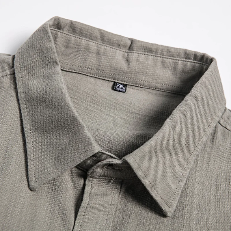 Рубашка мужская повседневная из хлопка и льна брендовая одежда серого цвета